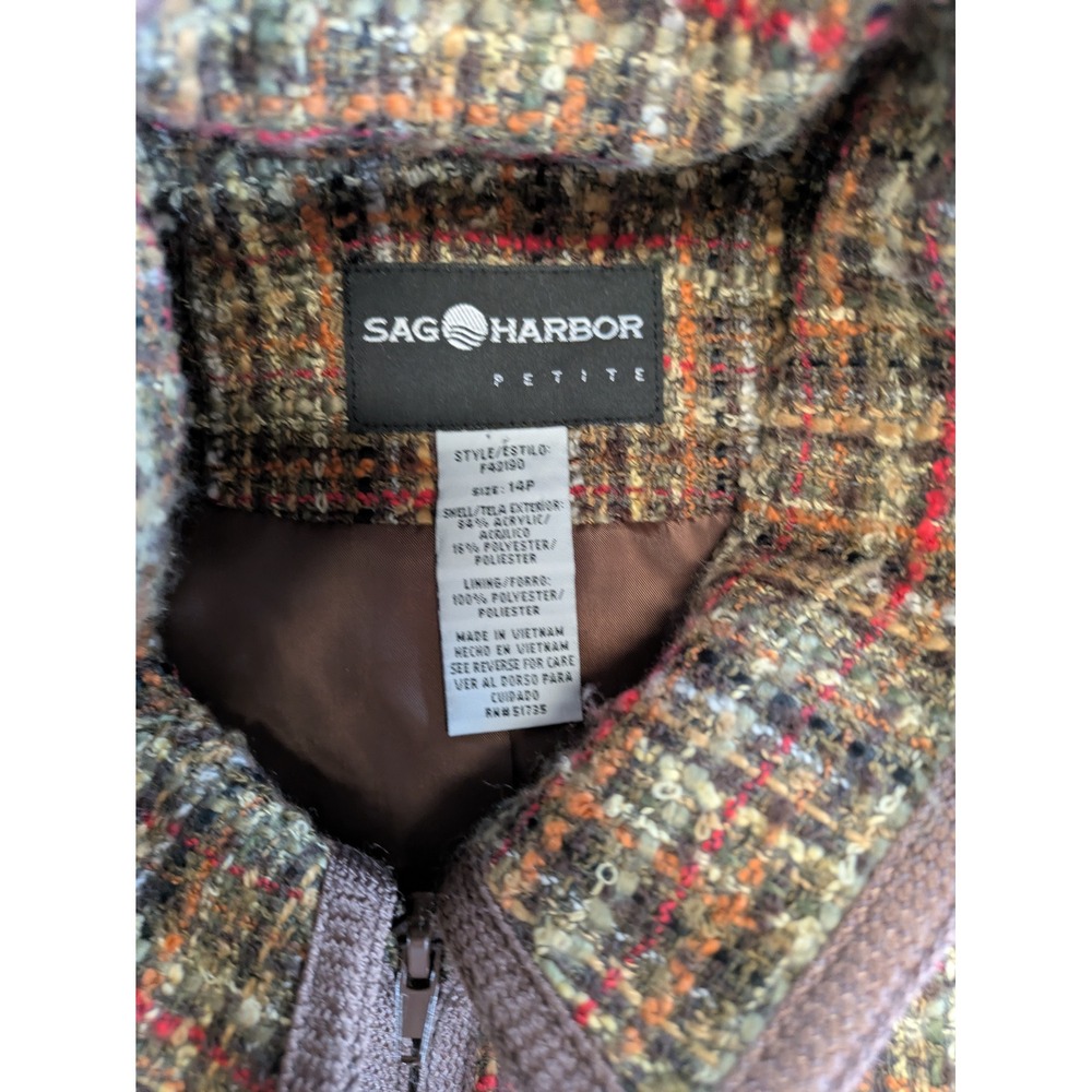 Sag Harbor Petite Womens 14P Full Zip Tweed Jacket Plaid‎ Brown Green F42190 - Picture 5 of 6